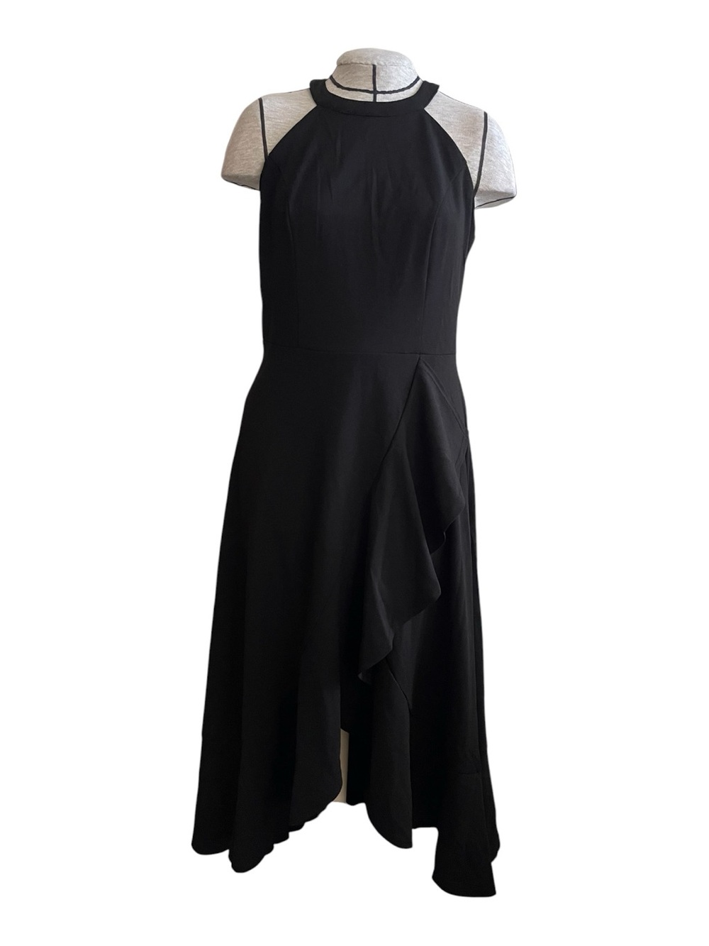 Sleek Black Halter High-Low Dress with Ruffle Detail